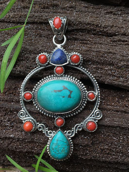 Türkis mit Koralle und Lapislazuli, Anhänger gefasst in 925 Sterlingsilber AH 094