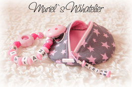 Set Nuggitäschli mit Nuggikette rosa-grau Sterne