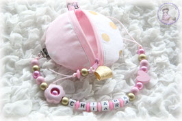 Set Nuggitäschli mit Nuggikette rosa-weiss-gold