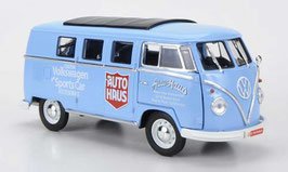 VW T1b Bus 1960-1963 "Auto Haus" hellblau / weiss / rot mit Faltdach schwarz