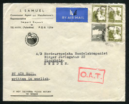 1945 O.A.T. Stempel Typ 7 rot (London) auf FLP Brief von Tel-Aviv, Palästina nach Stockholm, Schweden