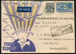 INDIEN 1932 FLP Brief FDC Madras - Karachi mit TATA Sons Ltd.