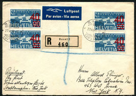 27.6.1939 FLP Brief von Basel nach New York mit der seltenen Aufdruckfarbe dunkelkarminrot mit Attest!