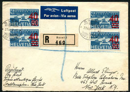 27.6.1939 FLP Brief von Basel nach New York mit der seltenen Aufdruckfarbe dunkelkarminrot mit Attest!