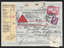 1931 Schöne Paketkarte von Kehl, Deutschland nach Baden, Aargau Zeppelinfrankatur