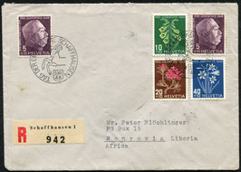 Pro Juventute 5.12.1948 Satzbrief, eingeschrieben von Schaffhausen (Tag der Briefmarke) nach Monrovia, Liberia