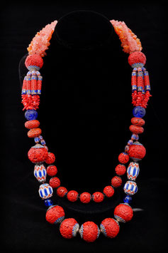 Carved Cinnabar and Antique Glass Bead Necklace
