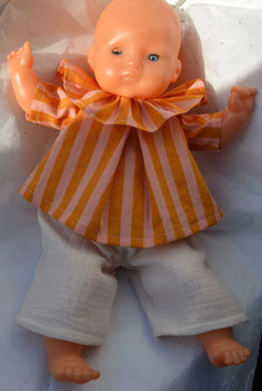 Ensemble poupée 36 cm coton indien rayé rose et orange, pantalon gaze écrue