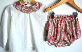 Ensemble 3 ans Liberty Clarabel rose et coton plumetis blanc
