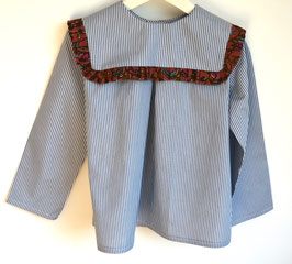 Blouse 5 ans rayée gris et blanc, col carré bordé volant coton indien.