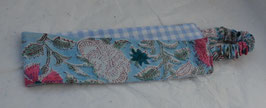 Bandeau coton indien bleu ciel fleuri doublé vichy bleu