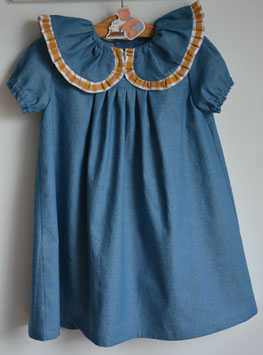 Robe 4 ans denim coton léger grand col brodé de vichy caramel