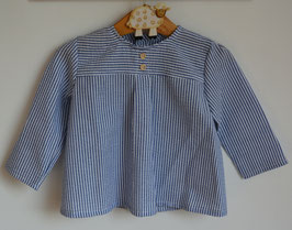 Blouse 18 mois rayé bleu et blanc boutons bois sans col