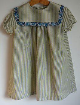 Robe 4 ans rayée vert et blanc col bordé Liberty Poppy bleu