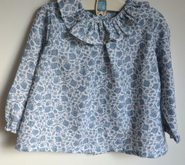 Blouse 3 ans double gaze blanche fleurie bleue