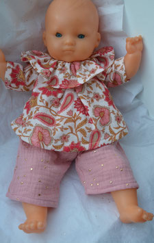Ensemble poupée 36 cm blouse double gaze rose indienne et pantalon gaze rose pois dorés