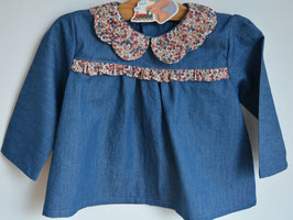 Blouse 18 mois manches longues Denim bleu pétales et volant Liberty Wiltshire Bud noisettes