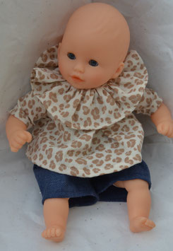 Ensemble poupée 30 cm : blouse gaze léopard, pantalon marine