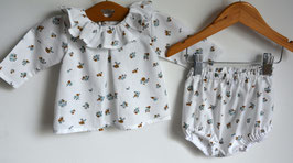 Ensemble 3 mois coton blanc fleuri bleu