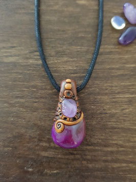 Halskette Achat pink gefärbt - mit Amethyst