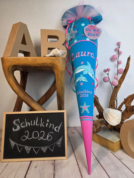 Schultüte Happy Dolphins 2026, türkis-pink