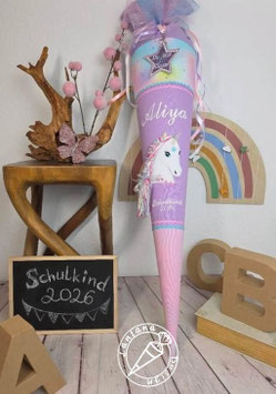 Schultüte 3 D Einhorn flieder-rosa-Regenbogen Farbverlauf