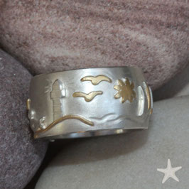 Maritimer Ring, maritime Motive Silber/Gold ,12mm breit, handgefertigt in Flensburg