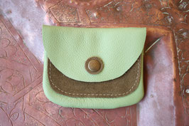 Porte-monnaie double poche cuir vert clair-kaki N°7