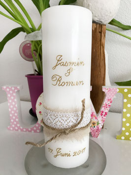 Hochzeitskerze Jasmin mit Leinen und Spitze