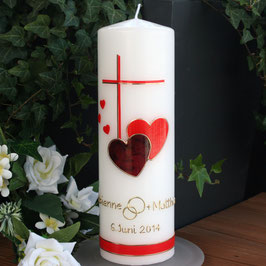 Hochzeitskerze Fabienne mit Kreuz/Herzen in rot