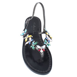 Sandali gioiello artigianali modello "Aglaia" total black con farfalle multicolor.