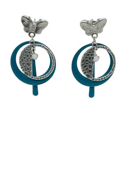 Clous d'oreilles papillon argenté ronds évidés turquoise