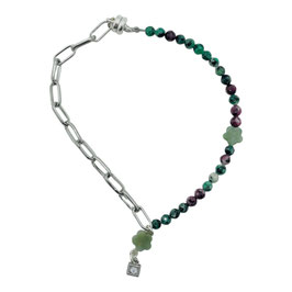 Bracelet bi maille argenté/perles zoiste et fleur agathe indienne