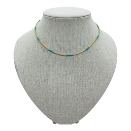 Collier fin perles miyuki turquoise et torsade doré