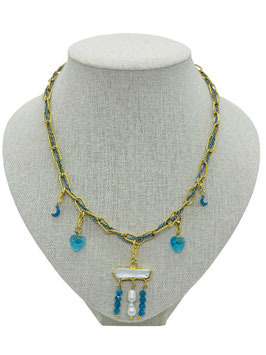 Collier maille rectangle et fils entrelaçés bleu/doré