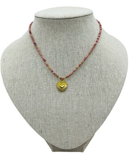 Collier Femme perles Rodhonite et coeur doré