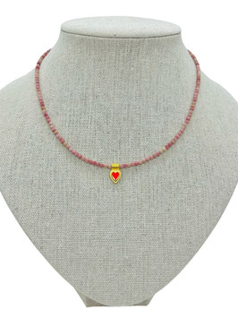 Collier Femme perles cornaline rose coeur rose fluo