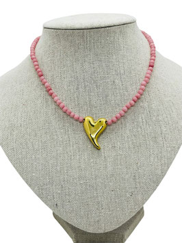 Collier Femme perles cornaline rose coeur doré