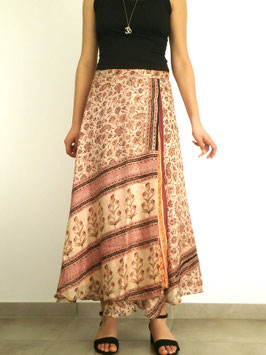 Jupe longue pure soie Beige et bordeaux verso rose et orange pastel "Non réversible"