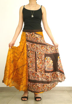 Jupe longue 100 % soie Orange-Marron Batik verso marron fleuri "Non réversible"