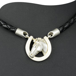 Collier • Pferdekopf mit Hufeisen • Leder & Silber