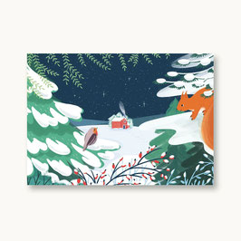 Postkarte Winterabend Eichhörnchen