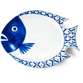 Thai Porzellanteller mit blau weißem Muster (Fischform - rund)