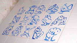 "Matisse", tegeltableau 5x3 tegels (wit 15x15), mooie monumentale figuren. Kan altijd uitgebreid worden met meerdere figuren of een extra rand.