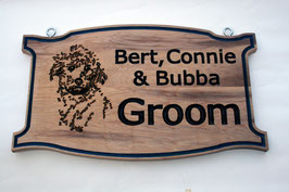 Custom Select Cedar Sign includes 1 engraved art work, 2 lines of text, 2 color hand painted highlight paint and 3 coats of high quality polyurethane.