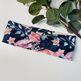 Knotenstirnband "Blumen dunkelblau rosa" Damen