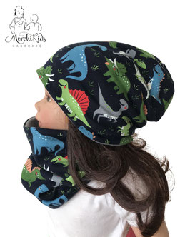 Übergang & Winterset Beanie Mütze Loopschal " Dinosaurier auf marineblau " KU 44-58