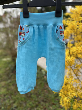 Musselin 3/4 Sommerhose Caprihose Kinder blau " Feuerwehr" Einzelstück Größe 104
