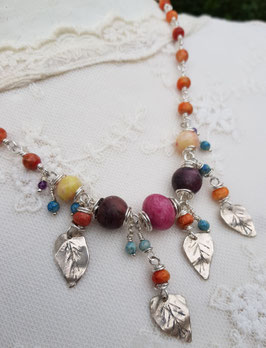 *FÜHL MAL* Prachtvoll verspieltes Collier mit vielen 800er-Silberblättern, Rhodochrosit, Achat & Apfelkoralle - UNIKAT!