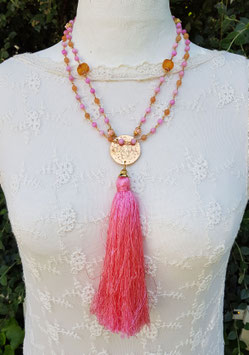 Mala Style Necklace *DELICIOUS AMBER ROSE*  mit Jade, Bernstein, Orangencalcit, Engels- Korallenröschen und einer floral gravierten Bronzeplatte